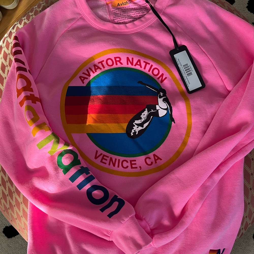 NWT Aviator Nation Pink Crewneck with Multicolor Logo SZ S